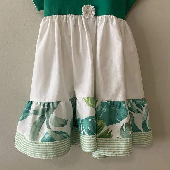 Handmade Children's Green White Linen Viscose Cotton Crochet Flower Dress - Picture 6 of 14
